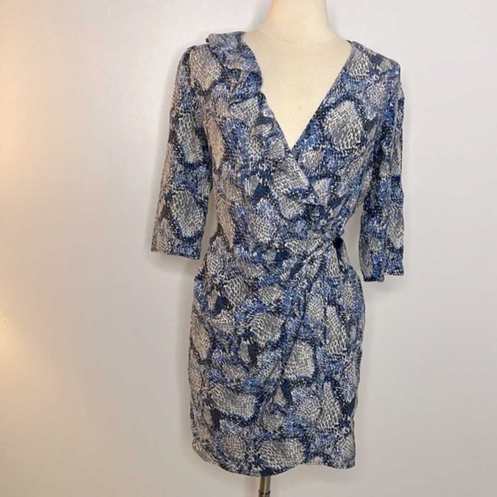 Parker grey & blue animal print silk wrap dress, size small